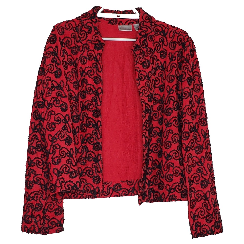 Chico's Open Fron Jacket Womens Size 1 Red Black Embroidery Long Sleeve Collared
